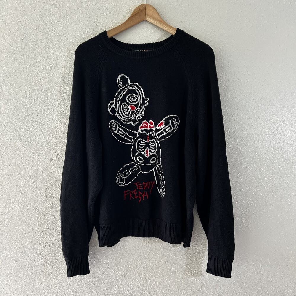 Teddy Fresh Black Knit Sweater Bear Skeleton Men’s Medium Streetwear Casual
